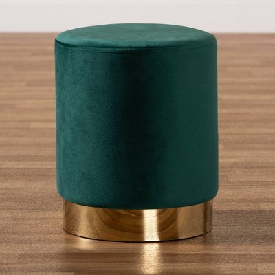 Green Velvet Round Tufted Ottoman with Gold Base