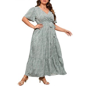 BLUEMING Summer Maxi Dress for Plus Size Women Tie Wasit Surplice Dress Flutter Sleeve A-Line Dress - 1 of 4