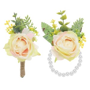 Unique Bargains Fabric Artificial Wedding Rose Flowers Wrist Corsage and Boutonnieres 2 Pcs - 1 of 4
