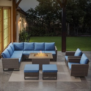 POCASSY 8 Piece Outdoor Sectional Patio Furniture Set, All Weather Brown Wicker Outdoor Furniture Set with Swivel Chair and 41" Propane Fire Pit - 1 of 4