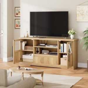 Coucheta 63" Farmhouse TV Stand with Wave Pattern - White & Natural Entertainment Center for 72" TVs, 2 Glass Door Cabinets - 1 of 4