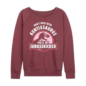 Women's - Instant Message - Auntie-saurus Jurasskicked Lightweight French Terry Wide Neck Long Sleeve Graphic Shirt - 1 of 4