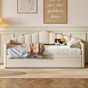 KWPZQEB Twin Size Daybed with Adjustable Height Pop Up Trundle Twin Bed, Upholstered Sofa Bed with Charging Port & Side Pockets for Bedroom - 1 of 4