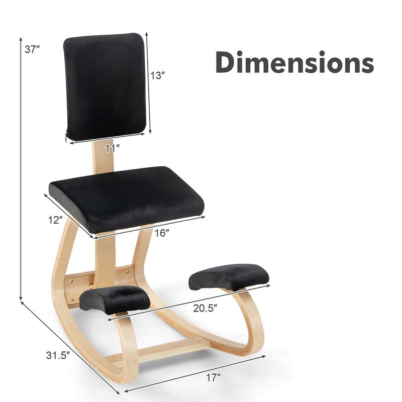 Costway Ergonomic Kneeling Chair Upright Posture Velvet Support Chair with Backrest Black\Grey, 4 of 11