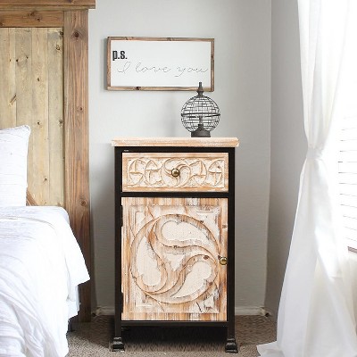White Fir Wood and Black Iron Bohemian Nightstand with Storage