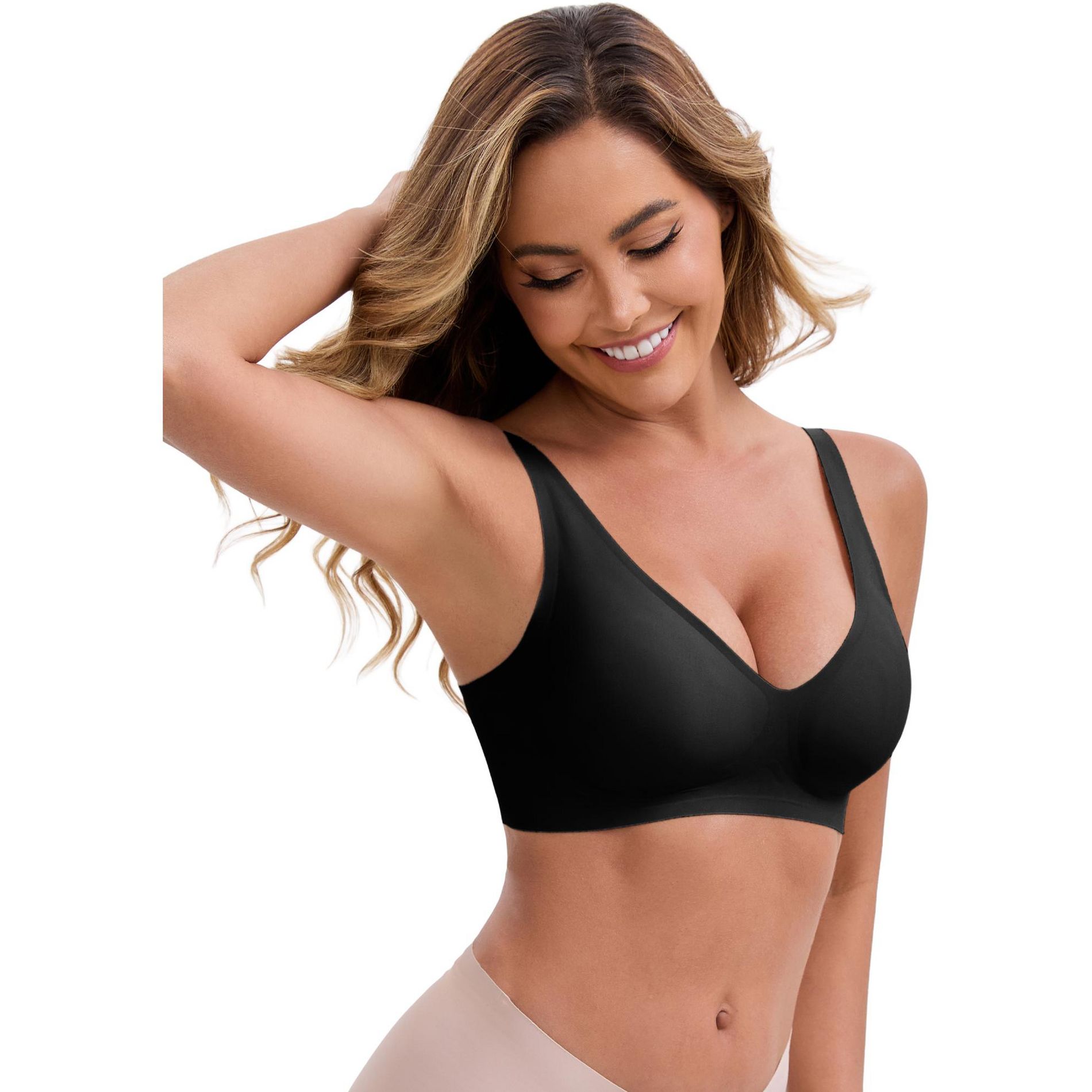 INSPIRE CHIC Women's Deep V-Neck Wireless Adjustable Spaghetti Straps Push-Up Seamless Soft Everyday Bras Medium Black
