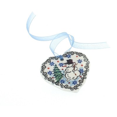 Blue Rose Polish Pottery Snowman Heart Ornament