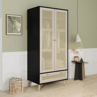 Lycvki 70.8" Tall Armoire Wardrobe Closet with 2 Rattan Doors and Hanging Rod