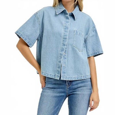 Women's Cropped Denim Button Down Shirt - RISEN
