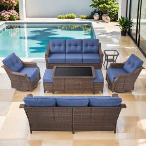 Buenhomino 8 Piece Patio Furniture Set Outdoor Sectional Sofa,High Back Patio Swivel Rocker Chairs with Ottomans Coffee Table,Brown Wicker - 1 of 4