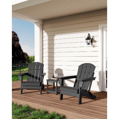 Folding Adirondack Chairs Set of 2, HDPE Plastic Outdoor Chairs with Wood Texture- 380Lbs & Weather Resistant for Fire Pit,Patio, Backyard- Black