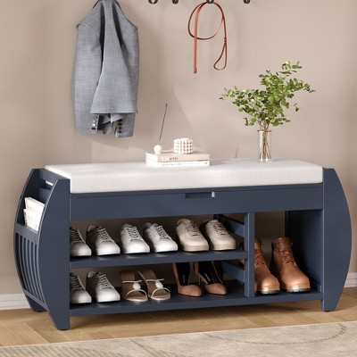 CAVINAS Storage Bench Multifunctional Shoe Rack with Cushion and Curved Side Panel