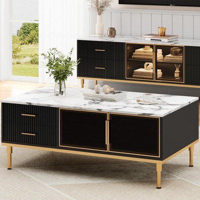 Faux Marble Coffee Table with 4 Drawers, Modern Wooden Center Table with Glass Doors