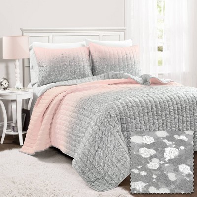 3pc Full/Queen Glitter Ombre Metallic Print Quilt Set Blush/Gray - Lush Décor