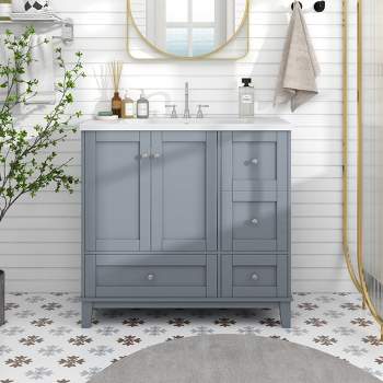 30 Bathroom Vanity with Ceramic Basin Sink, Drawer and 2-Tier Storage  Shelf, Gray - ModernLuxe