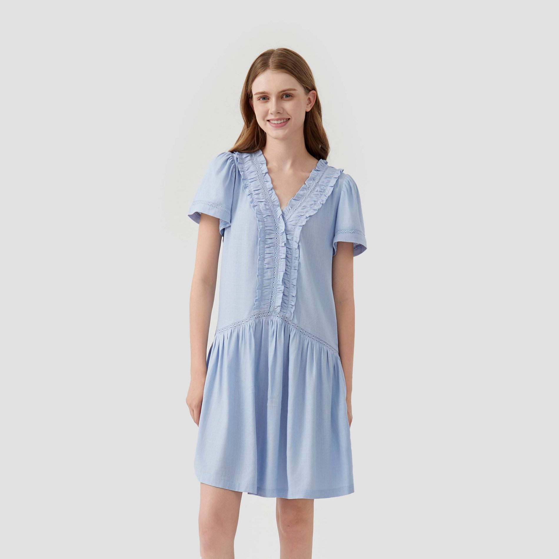 Women's Short Sleeve Lace Trim Mini A-Line Dress - Universal Thread™ Light Blue