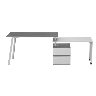 Grey and White Corner Computer Desk with Drawer and Keyboard Tray