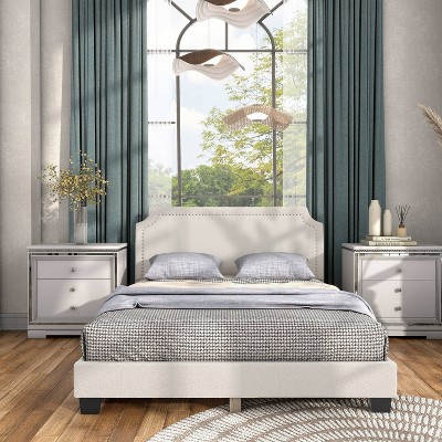 White Boucle Upholstered Queen Bed with Nailhead Trim and Wood Frame