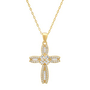 Sterling Silver Petite Luxurious Baguette-cut CZ Cross Pendant - 1 of 2