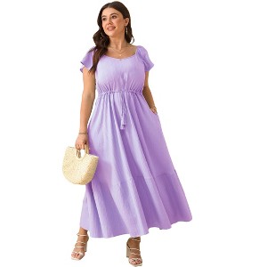 Whizmax Women Plus Size Boho Maxi Dress Short Sleeves High Waist Ruffle Casual Summer Dress with Pockets - 1 of 4