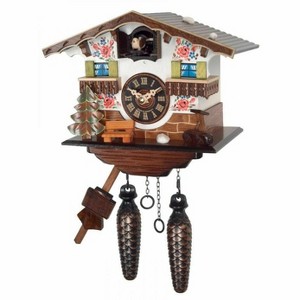 Quartz Cuckoo Clock – Hand-Painted Cottage Design – 7-inch Height with Bench and Tree – By River City Clocks - 1 of 3