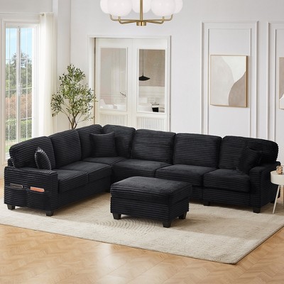 ModernLuxe Upholstered L-shaped Sofa Sectional Sofa with Movable Ottoman & Side Storage Pockets, Black/Gray/Green
