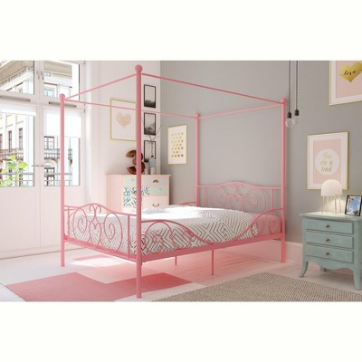 Full Pink Metal Canopy Princess Bed with Drawer