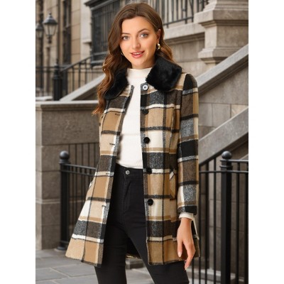 Allegra K Women's Checks Winter Peter Pan Collar Long Plaid Coat Brown X-Small — фото 2