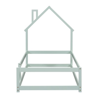 Dolonm Twin House-Shaped Floor Bed with Safety Rails - Wooden Low Profile Kids Bed, Easy Assembly