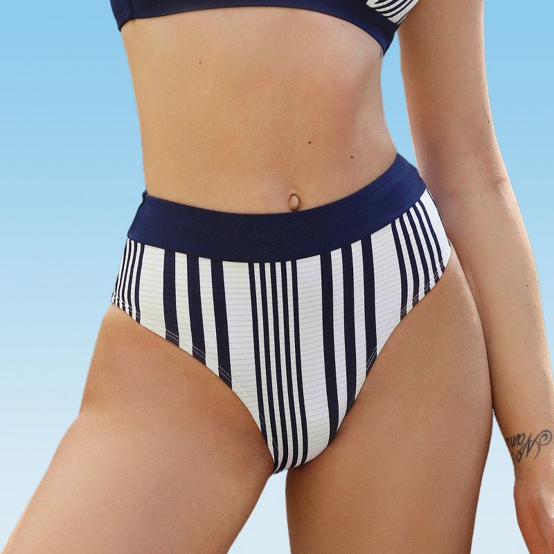 Women's Stripes High Waist Bikini Bottom- Cupshe, 1 of 5