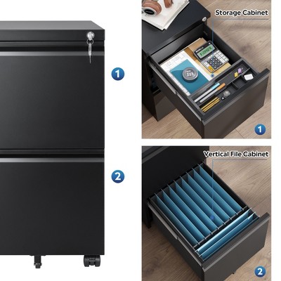 Black Mobile 2-Drawer Lockable Metal File Cabinet