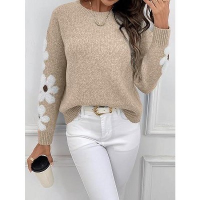 Coolmee Women's Floral Pattern Crewneck Long Sleeve Drop Shoulder Sweaters Pullover Tops Small Apricot