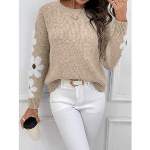 Coolmee Women's Floral Pattern Crewneck Long Sleeve Drop Shoulder Sweaters Pullover Tops Small Apricot - 1 of 4