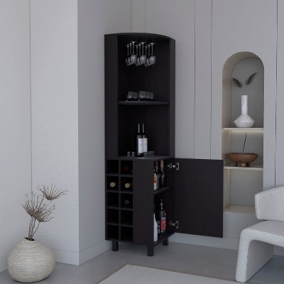 BDELITE Corner Bar Cabinet with Four Shelves, Ten Wine Bottle Cubbies and Stemware17.7*17.7*70.8 Inch, Black