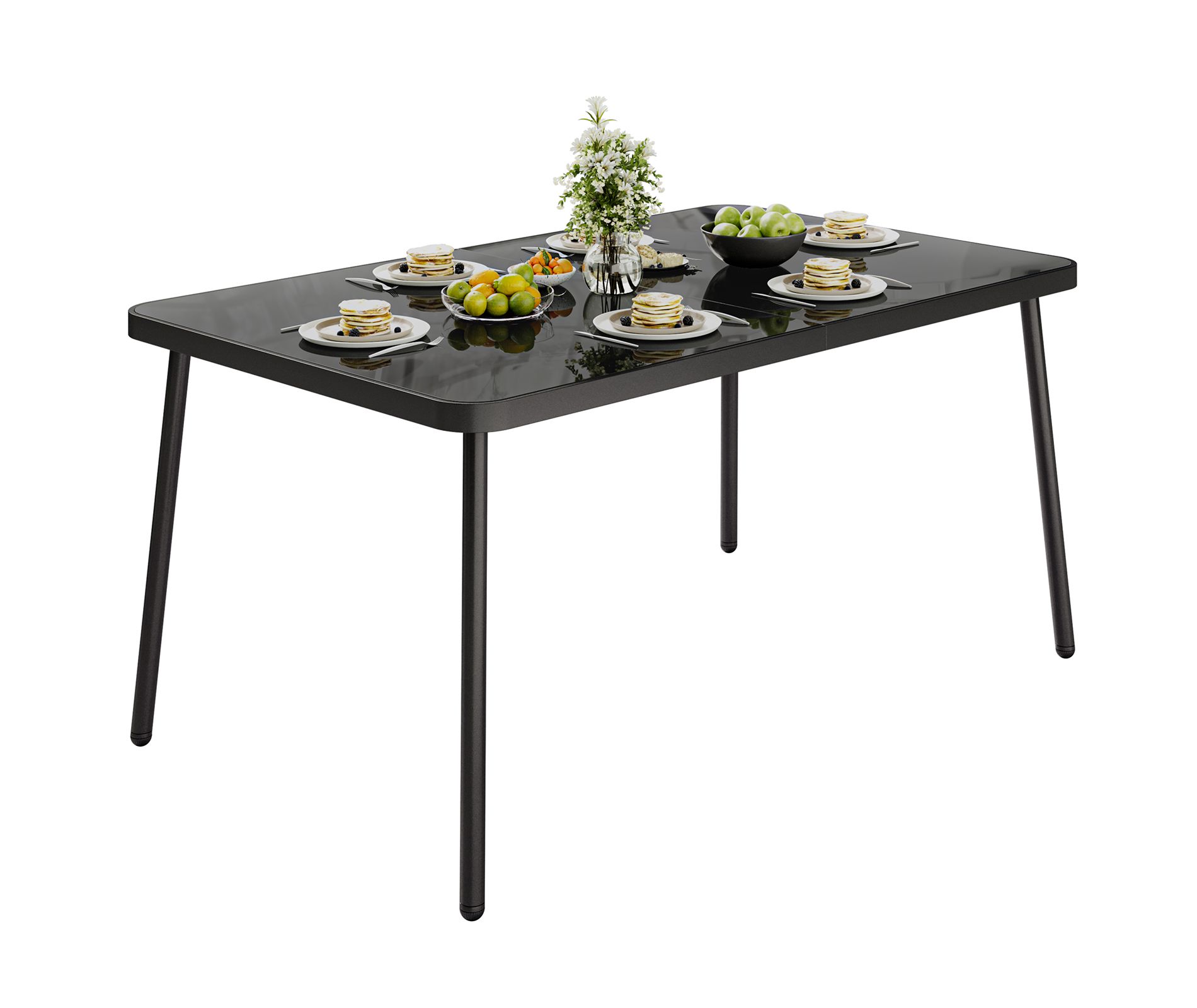 59" Black Tempered Glass Patio Table w/ Metal Frame - Rectangular Dining Table for 4-6, Outdoor Use for Porch, Balcony & Poolside