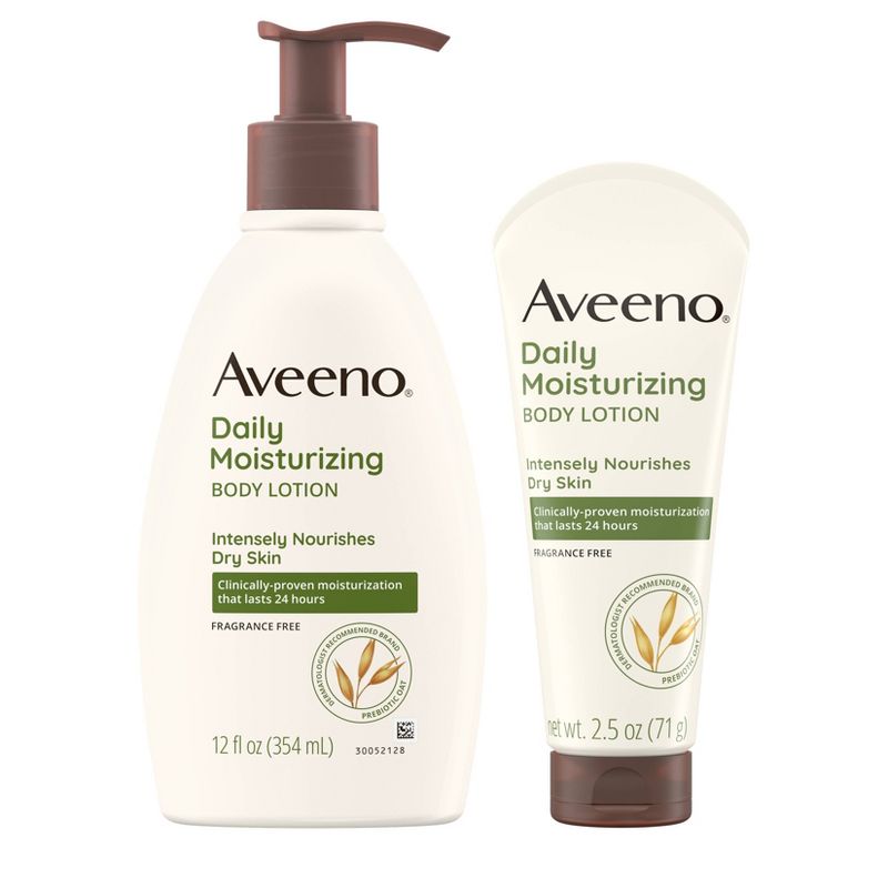 Aveeno Daily Moisturizing Lotion For Dry Skin with Oats and Rich Emollients - Fragrance Free - Bundle 12 fl oz and 2.5oz, 1 of 9