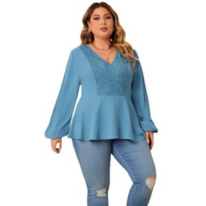 Women's Plus Size Lantern Long Sleeve Shirt Fall Casual V-Neck Lace Blouse Top - 1 of 4