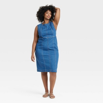 Women's Denim Midi Bodycon Dress - Ava & Viv™ Medium Wash 16: Cotton Blend, Sleeveless, Back Zipper, Solid Pattern, Back Slit