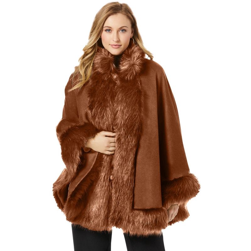 Jessica London Women's Plus Size Faux Fur Trim Wool Cape, 1 of 2