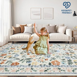 Non-Slip Ultra-Thin Flower Print Dining Room Rug, Non-Shedding Farmhouse Indoor Mat, Washable Floor Mats, Easy to Clean - 1 of 4
