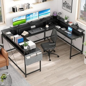 Nasitip 78.8" U-Shaped Desk w/Power Outlets, LED Lights & Monitor Stand – Reversible L-Shaped Office/Gaming Desk w/Storage - 1 of 4