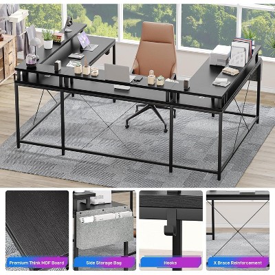 U Shaped Desk with Power Outlets & LED Lights, 79" Reversible L Shaped Desk, Corner Computer Desk Office Desk with Full Monitor Stand