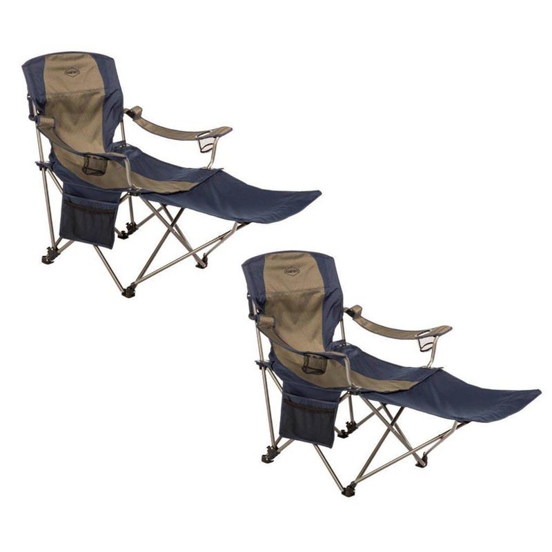 Kamp-Rite Outdoor Folding Tailgate or Camping Lounge Chair with 2 Cupholders, Side Pocket, and Detachable Footrest, Blue and Tan (2 Pack), 1 of 7
