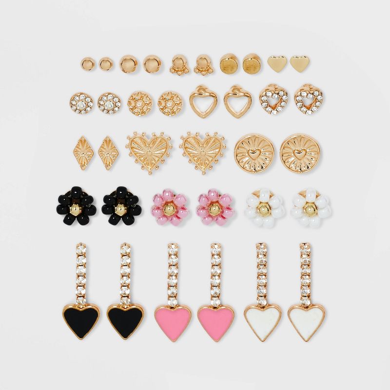 Heart and Beaded Cubic Zirconia Flower Stud Earring Set 18pc - Wild Fable&#8482; Gold, 1 of 3