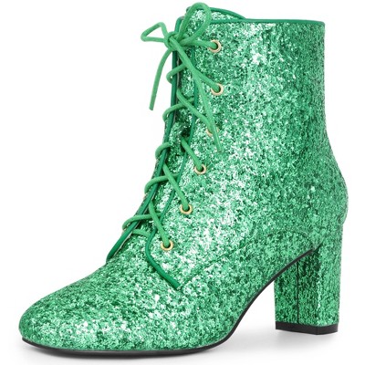 BLISSFUL STEP Women's Square Toe Lace Up Sparkly Glitter Block Heels Ankle Boots