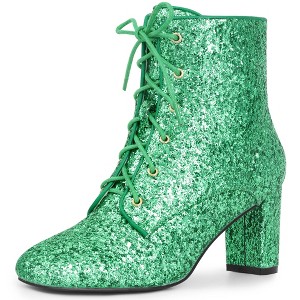BLISSFUL STEP Women's Square Toe Lace Up Sparkly Glitter Block Heels Ankle Boots - 1 of 4
