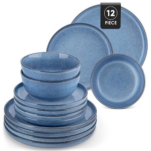 vancasso 12-Piece Blue Kiln-Glazed Curved Edge Ceramic Set - Iridescent Plates & Bowls for 4 - 1 of 4