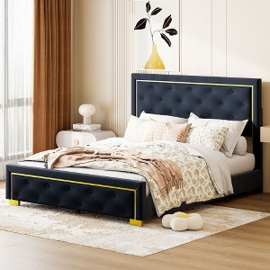 CAVINAS Queen Bed Frame with Pull Point Headboard and Queen Bed Metal Wire Frame at The Head and Foot of The Bed, Metal Feet, Velvet, beige - 1 of 4