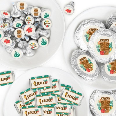 Big Dot of Happiness Tropical Luau - Mini Candy Bar Wrappers, Round Candy Stickers & Circle Stickers - Hawaiian Beach Candy Favor Sticker Kit - 304 Pc