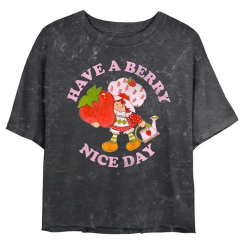 Juniors Womens Strawberry Shortcake Berry Nice Day Mineral Wash Crop T  Shirt - Black - Large